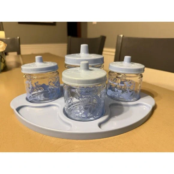 Baby Nursery Vanity Changing Table Glass Jar Set Tray Lids Pink 1950s Vintage - Picture 5 of 14